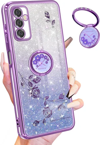 Miniatura 13 de Funda para Samsung Galaxy S22 Ultra con purpurina brillante para mujeres y niñas, cubierta de teléfono morada, diseño floral con anillo de flores