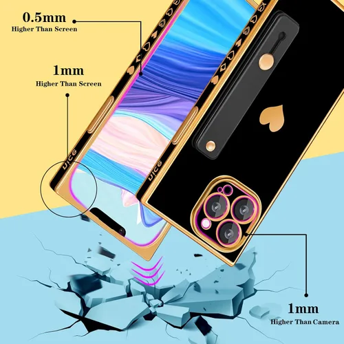 Miniatura 4 de Petitian Funda para iPhone 13 Pro Max con Soporte/Cordón, Lujosa y Linda para Mujeres y Niñas con Corazón Electrochapado, Fundas de Teléfono de Negro