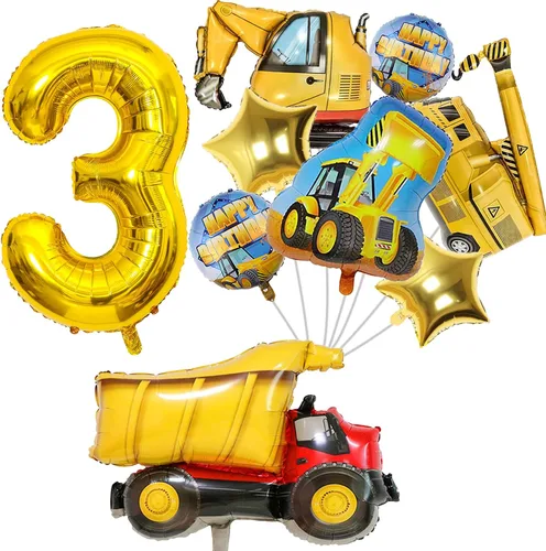 Miniatura 10 de Globos de construcción para el primer cumpleaños, 9 globos dorados de 40 pulgadas con el número 1 para excavadora grande, camión volquete, grúa