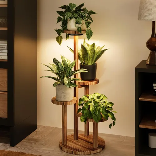 Miniatura 8 de Bamworld Soporte para plantas de 3 niveles para interiores, estante esquinero de madera para múltiples plantas, soporte redondo pequeño para flores