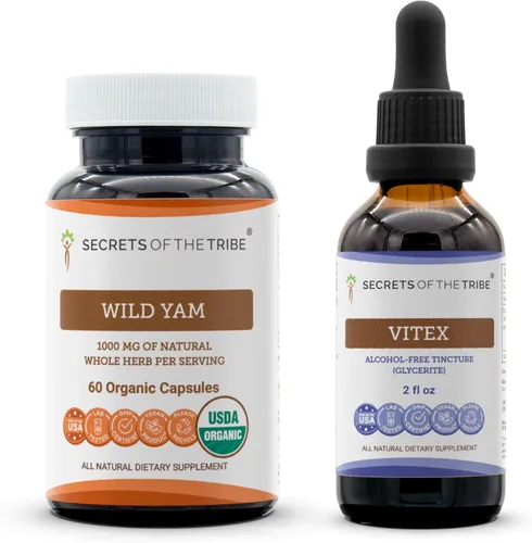 Secrets of the Tribe Cápsulas de ñame silvestre y extracto de Vitex (60 tapas y 2 onzas) | Dioscorea Villosa raíz seca y árbol casto Vitex