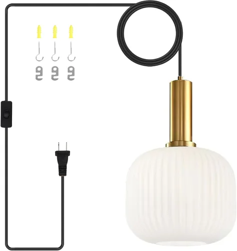 Moderna lámpara colgante con enchufe de mediados de siglo, lámpara colgante de vidrio lechoso, lámpara colgante enchufable con luz de techo estilo