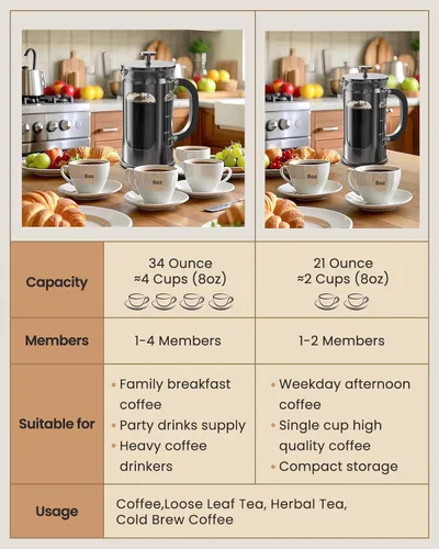 Miniatura 2 de BAYKA cafetera y tetera de prensa francesa de acero inoxidable 304, con sistema de filtración de 4 niveles, vidrio de borosilicato grueso resistente