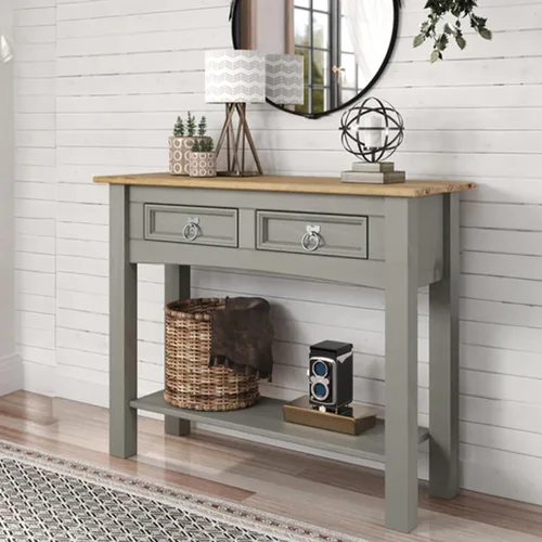 Miniatura 8 de Furniture Dash Mesa Consola de Pasillo de Madera Maciza 34.49" An, 12.64" Pr, 28.82" Al - Mesa de Entrada Estilo Granja con 2 Cajones, Oficina Gris