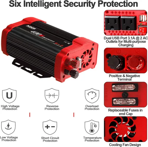 Miniatura 5 de Inversor de corriente de 400 W, DC 12 V a 110 V CA adaptador de enchufe de automóvil con 2 salidas de cargador y puertos USB duales de 3.1 A