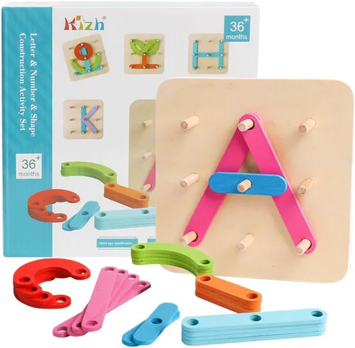 Miniatura 5 de Kizh Juego de actividades de construcción de letras y números de madera, juguetes educativos preescolares, reconocimiento de color, juego