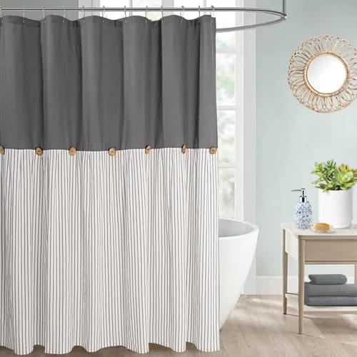Miniatura 44 de DOSLY IDÉES Cortina de ducha de casa de campo, rayas beige y gris, cortina con botones, tela tejida de lino y algodón, estilo rústico con encanto