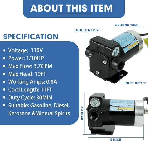Miniatura 3 de Bomba de transferencia de combustible de gasolina de 110 V con cables de conexión, bombeo reversible mejorado, protección térmica, control