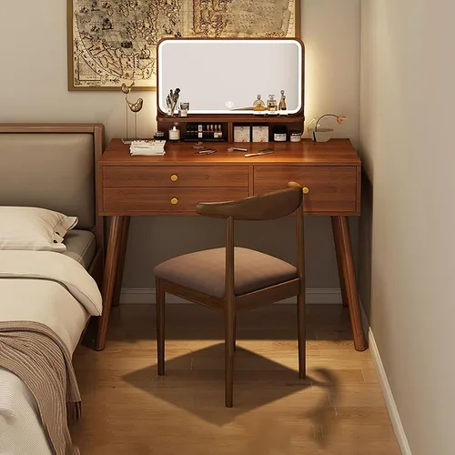Miniatura 12 de Tocador con espejo de luces, escritorio de maquillaje de madera con taburete acolchado, moderno escritorio de tocador para dormitorio con taburete