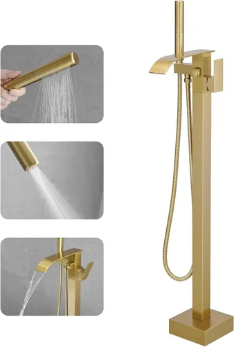 RUMOSE Llenador de Bañera Independiente Grifo de Bañera Dorado Cepillado Montaje en Piso Grifo de Bañera Cascada Llenador de Bañera con