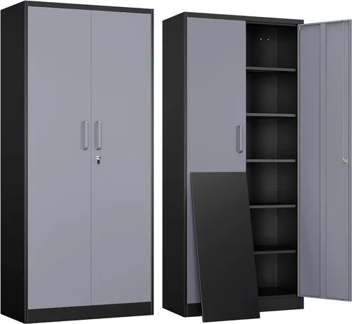 Miniatura 13 de Yizosh Armario de almacenamiento de metal para garaje con 2 puertas y 5 estantes ajustables, gabinete de archivo de acero con cerradura de 71