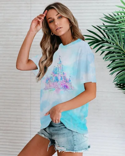 Miniatura 3 de FRYAID Camiseta mágica para mujer, diseño de castillo del reino y teñido anudado, camisetas de manga corta para vacaciones familiares