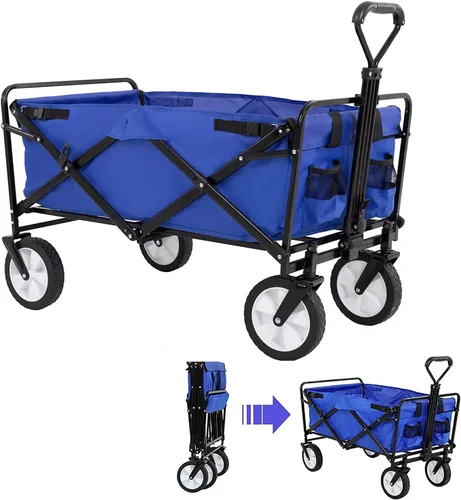Carrito plegable para exteriores, resistente, carrito de jardín plegable con 4 ruedas todo terreno, comestibles de playa para ir de compras, Negro