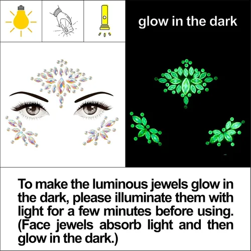 Miniatura 3 de 4 hojas de gemas faciales de Euforia, 0.35 oz de purpurina gruesa, calcomanías de diamantes de imitación que brillan en la oscuridad, gemas