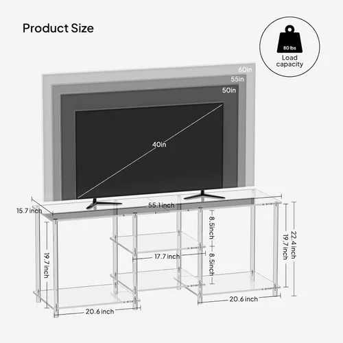 Miniatura 2 de Eglaf - Soporte acrílico para TV de 55 pulgadas, centro de entretenimiento de 3 niveles, hasta 60 pulgadas Clear TV Console Table with Open