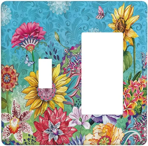 Cubiertas de placa de interruptor de luz de 2 bandas, diseño floral bohemio, colorido, flor bohemia, girasol, placa frontal para baño, dormitorio,