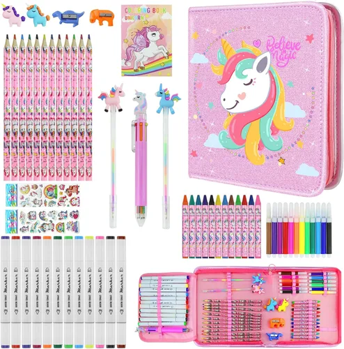 JAMIEWIN Juego de marcadores con estuche de lápices de unicornio con purpurina, kit de 59 piezas de suministros de arte y manualidades para niños,
