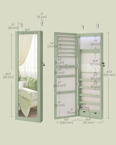 Miniatura 65 de Songmics - UJJC93W - Armario para joyas que se puede cerrar con llave, de montaje en pared o puerta, con espejo de 6 luces LED, para organización