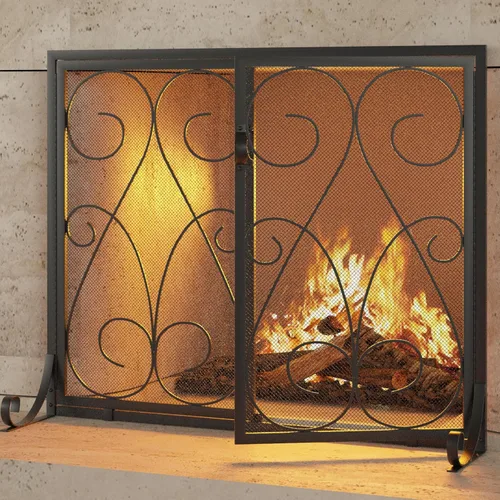 Miniatura 6 de Kingson Pantalla de chimenea de 2 paneles con puertas, hecha a mano, malla decorativa de hierro forjado, protector de chispas de fuego