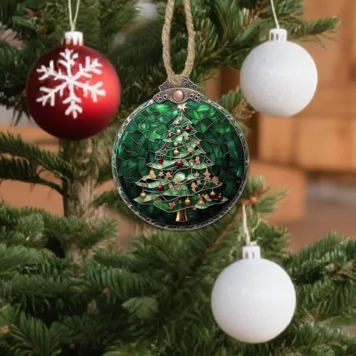 Miniatura 4 de Decoraciones navideñas de vitrales, colgante de campana pequeña para ventana, árbol de Navidad, adornos colgantes retro verde atrapasoles de Verde