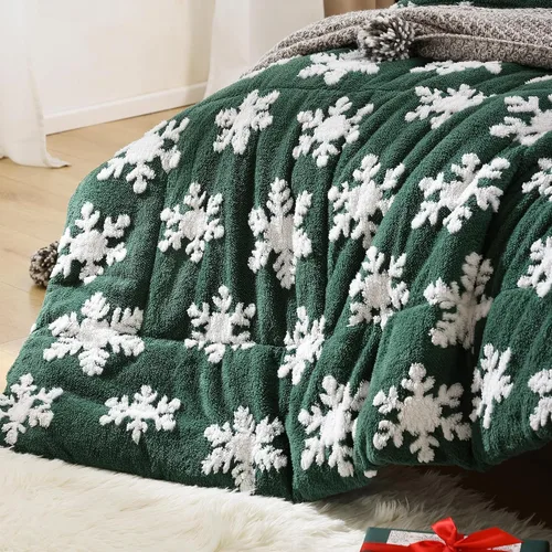 Miniatura 5 de JANZAA - Juego de ropa de cama navideña tamaño matrimonial, juego de edredón de terciopelo color esmeralda con copos de nieve blancos