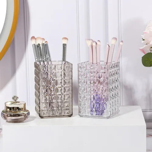 Miniatura 2 de DASITON Organizador de brochas de maquillaje, taza de brochas de maquillaje acrílica, soporte para brochas de maquillaje a rayas de diamante