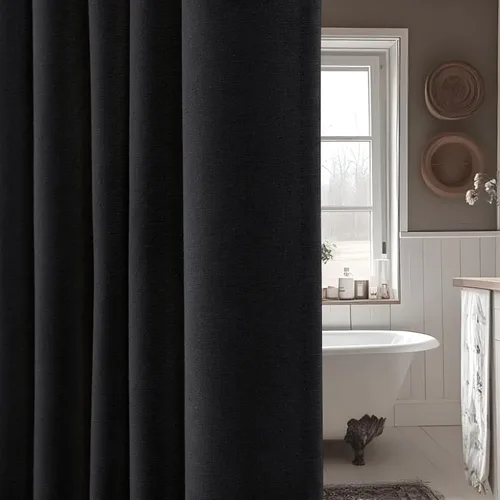 Miniatura 2 de Cortina de ducha de lino negro, cortinas de ducha de tela bohemia para baño, juego de forro de tela natural de algodón, 72 pulgadas de ancho x 72