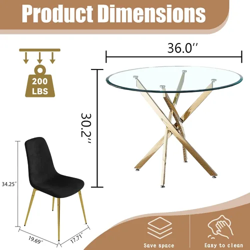 Miniatura 7 de Juego de mesa de comedor de cristal para 4, juego de mesa de cocina redonda dorada de 5 piezas con 4 sillas tapizadas negras, mesa de comedor