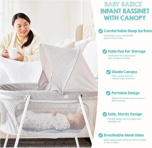 Miniatura 4 de Regalo Baby Basics - Moisés infantil con toldo, marca galardonada, plegado rápido y fácil de instalar, almohadilla extraíble, malla transparente