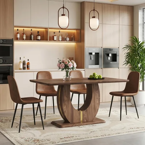 Miniatura 15 de Juego de mesa de comedor moderno para 4, mesa de cocina de madera de 63 pulgadas con 4 sillas tapizadas de gamuza de tela, estilo granja con parte