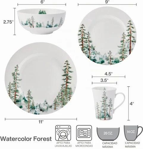 Miniatura 8 de Mikasa Watercolor Forest Bone China - Juego de vajilla ligera de 16 piezas resistente a las astillas, servicio para 4, color blanco