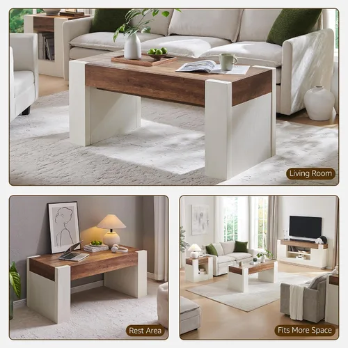Miniatura 8 de OKD Mesa de café de 48" moderna estilo casa de campo, mesa de madera para sala de estar con cajón de almacenamiento oculto, mesas centrales