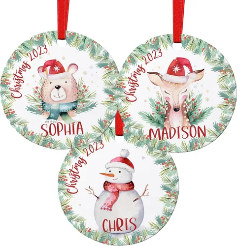 Miniatura 7 de Adorno de Navidad personalizado para niños con nombre y fecha, 6 diseños, metal personalizado de 3 pulgadas, aluminio, adorno de Navidad redondo