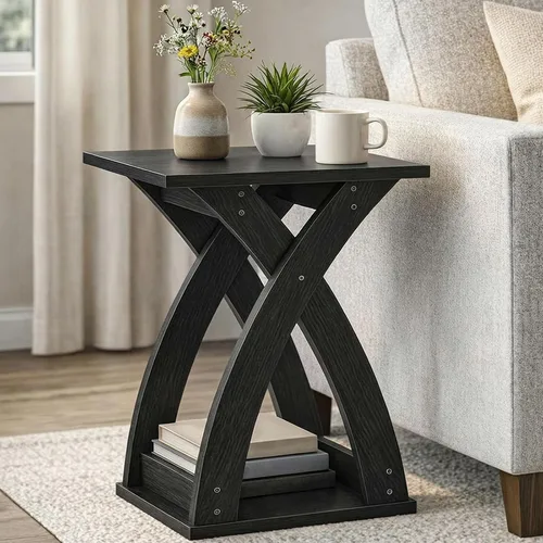 Miniatura 2 de HOOBRO Mesa auxiliar para sala de estar, mesa auxiliar estrecha para espacios pequeños, mesa auxiliar negra de 3 niveles con estante
