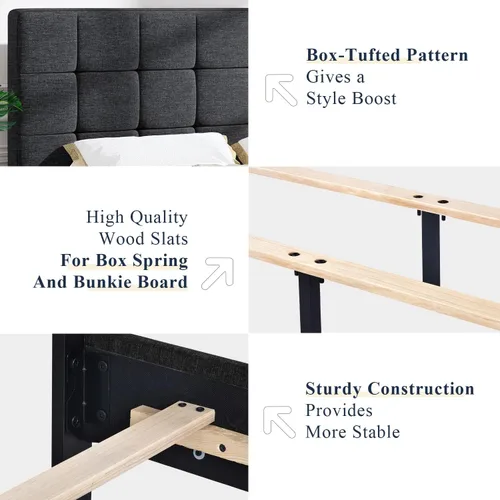 Miniatura 4 de Allewie - Base de cama de tamaño matrimonial con paneles, cabecera ajustable para perfil alto/tapizada en tela/cabecera acolchada cosida