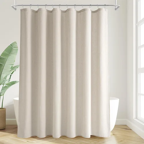 Cortina de ducha de lino color albaricoque, juego de cortina de ducha estilo rústico para baño, tela de 200GSM de alta resistencia y resistente al