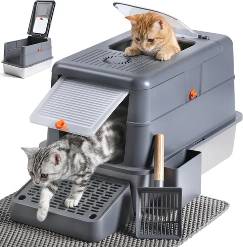Miniatura 11 de Caja de arena cerrada de acero inoxidable para gatos con tapa y alfombra, caja de arena extra grande para gatos con cajón, caja de metal para gatos
