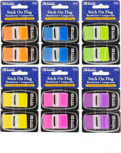 BAZIC Products Banderas estándar de neón, 1 x 1.7 pulgadas, con dispensador, 60 unidades, para marcar páginas documentos, caja de 288 6 colores neón