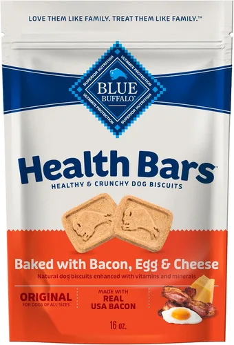 Blue Buffalo Health Bars - Galletas crujientes de tocino, huevo y queso para perros, horneadas al horno con tocino real e ingredientes naturales,