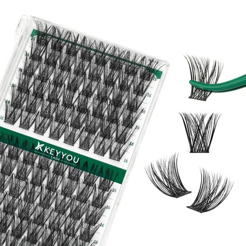 Miniatura 59 de KEYYOU Racimos de pestañas, 96 piezas de extensiones de pestañas DIY, rizado D de 16 mm, negro, realista, no irritante, fácil de colocar en casa
