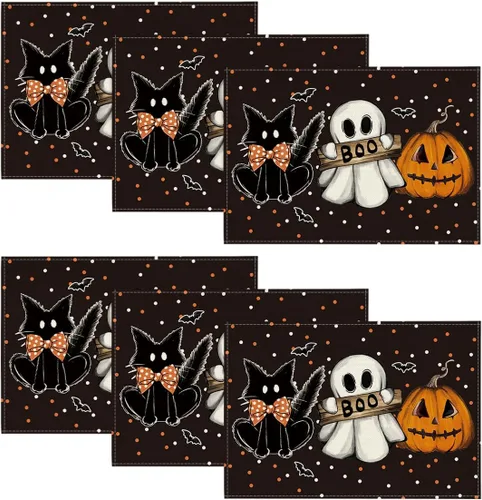 Artoid Mode Juego de 6 manteles individuales de Halloween, diseño de lunares, fantasma, calabaza, gato, Boo, Halloween, 12 x 18 pulgadas, para