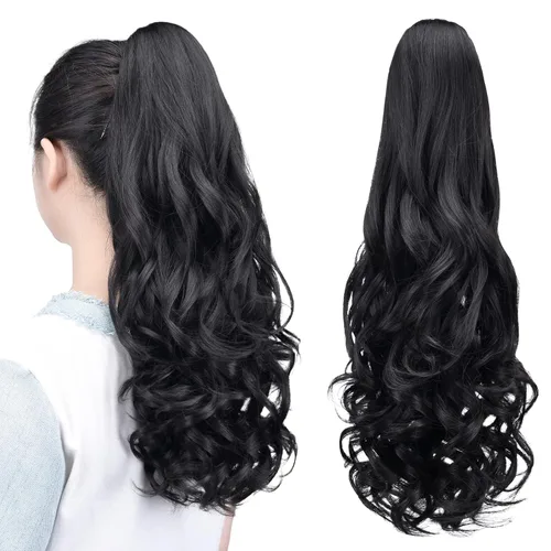 Miniatura 12 de Extensiones de cola de caballo, extensiones de cabello rizado con clip de garra de color marrón oscuro para mujer, peluca sintética de cola