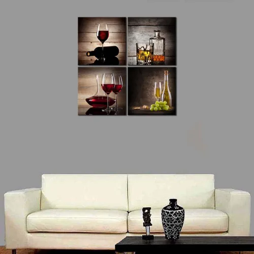Miniatura 4 de Wieco Art Copas de vino tinto grandes, modernas, 4 paneles envueltos en galería, impresiones abstractas de lienzo giclée, obras de arte