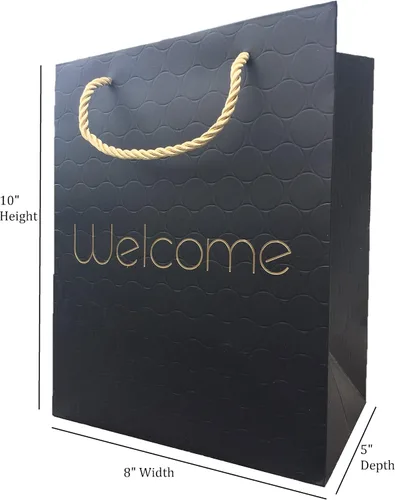 Miniatura 2 de MODEENI Bolsas de regalo de bienvenida negras de 8 x 10 pulgadas con asas doradas, paquete de 24 unidades, tamaño mediano de 8 x 5 x 10 pulgadas