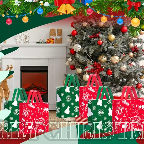Miniatura 4 de Zhanmai 200 bolsas de plástico de Navidad reutilizables con asas de 10 x 13 pulgadas para suministros de fiesta de Navidad (estilo clásico)