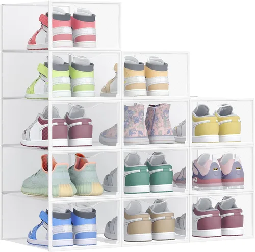 SONGMICS Cajas de zapatos, organizador de almacenamiento de zapatos para armario, caja apilable de plástico para tenis, paquete de 12, transparente