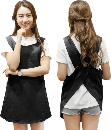 Miniatura 12 de Delantal de diseño acortado, delantal de lino de algodón suave estilo japonés con dos bolsillos laterales, delantal halter cruzado en X, ropa