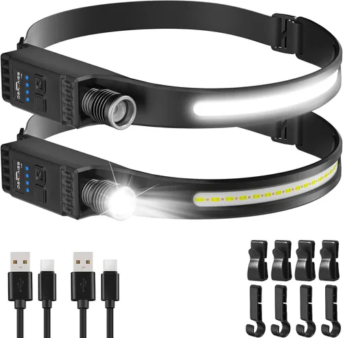 Linterna recargable Demlaies con luz roja, paquete de 2 luces de cabeza súper brillantes de 230° de haz ancho, 30 horas de duración, 8 modos con