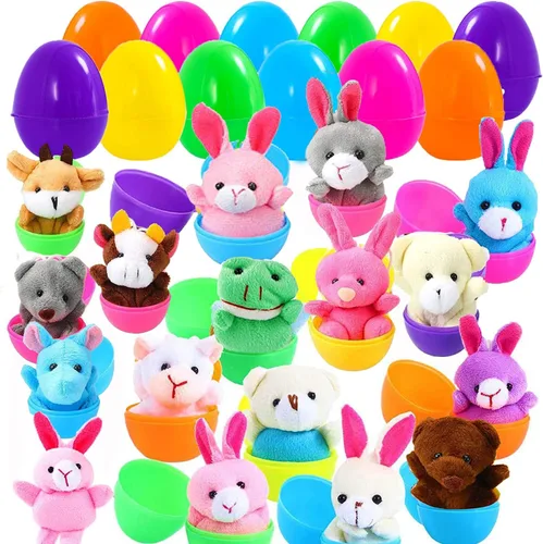 Paquete de 18 huevos de Pascua rellenos con mini animales de peluche para niños, cesta de Pascua, búsqueda de huevos de Pascua, recuerdo de fiesta