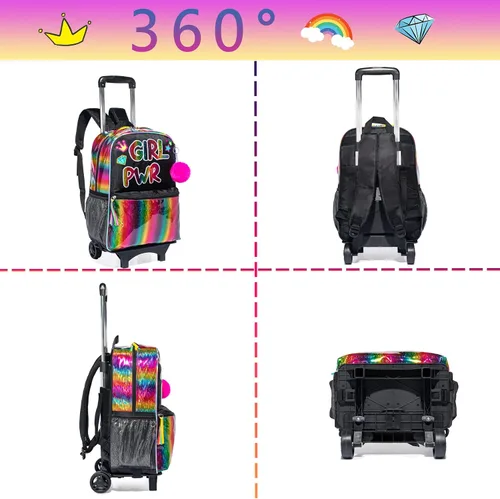 Miniatura 4 de Mochila con ruedas para niñas, mochila escolar con ruedas, bolsa escolar con bolsa de almuerzo y bolsa para lápices, mochila con ruedas para niños